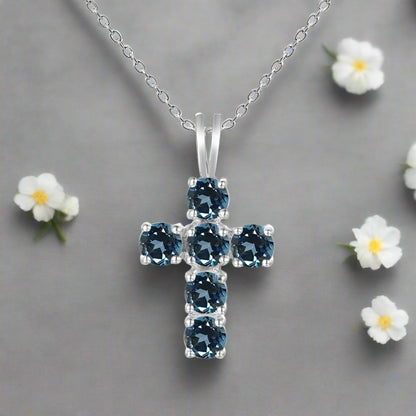 GRACE Round Gemstone Cross Pendant Necklace in Sterling Silver