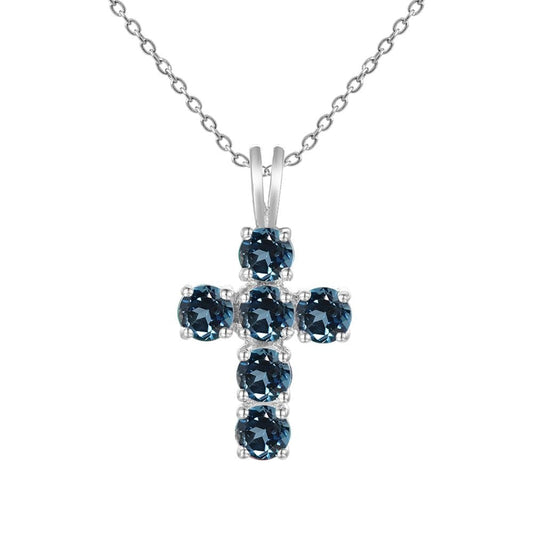 GRACE Round London Blue Topaz Cross Pendant Necklace in Sterling Silver