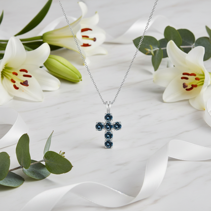 GRACE Round Gemstone Cross Pendant Necklace in Sterling Silver