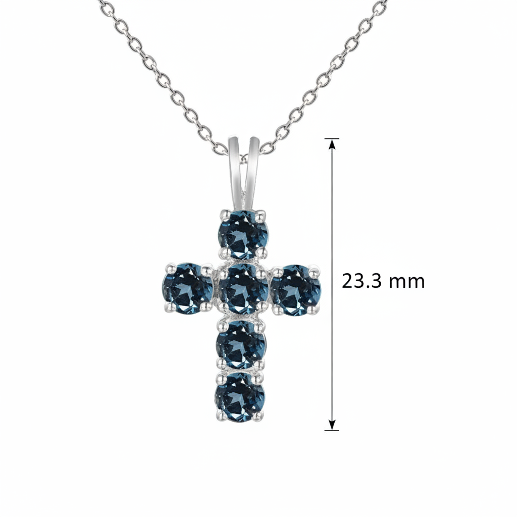 Collier pendentif croix rond en topaze bleue de Londres GRACE en argent sterling