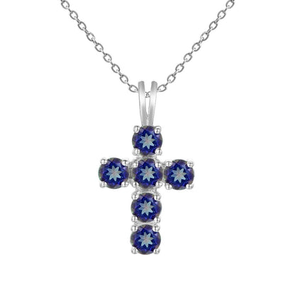 GRACE Round Midnight Blue Mystic Quartz Cross Pendant Necklace in Sterling Silver
