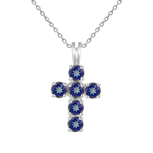 GRACE Round Midnight Blue Mystic Quartz Cross Pendant Necklace in Sterling Silver