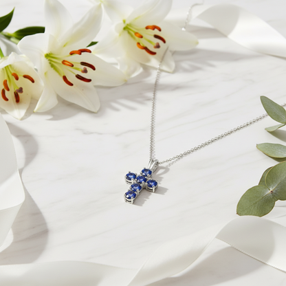 GRACE Round Midnight Blue Mystic Quartz Cross Pendant Necklace in Sterling Silver