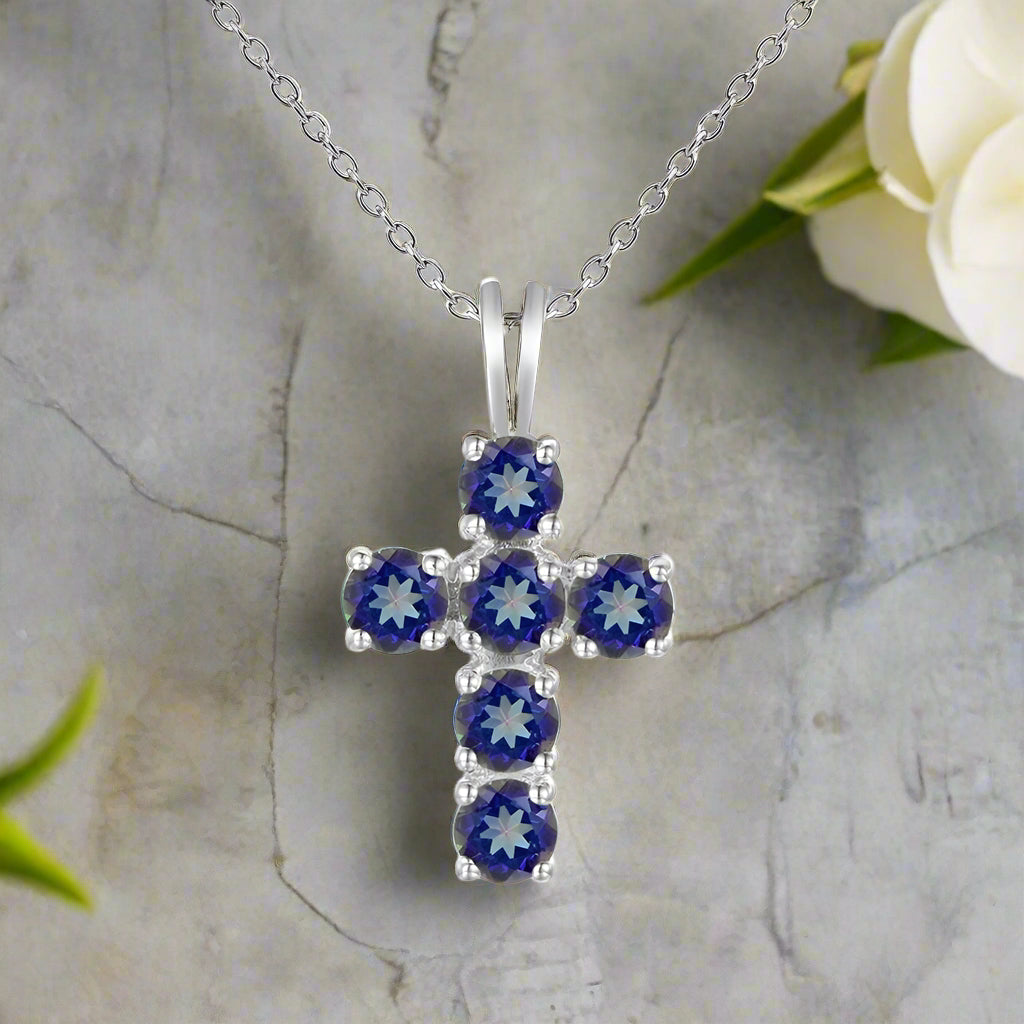 GRACE Round Midnight Blue Mystic Quartz Cross Pendant Necklace in Sterling Silver
