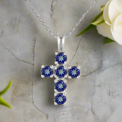 GRACE Round Midnight Blue Mystic Quartz Cross Pendant Necklace in Sterling Silver