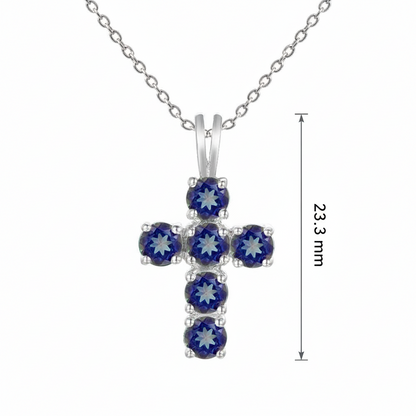 GRACE Round Midnight Blue Mystic Quartz Cross Pendant Necklace in Sterling Silver