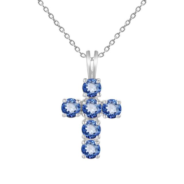 GRACE Round Gemstone Cross Pendant Necklace in Sterling Silver