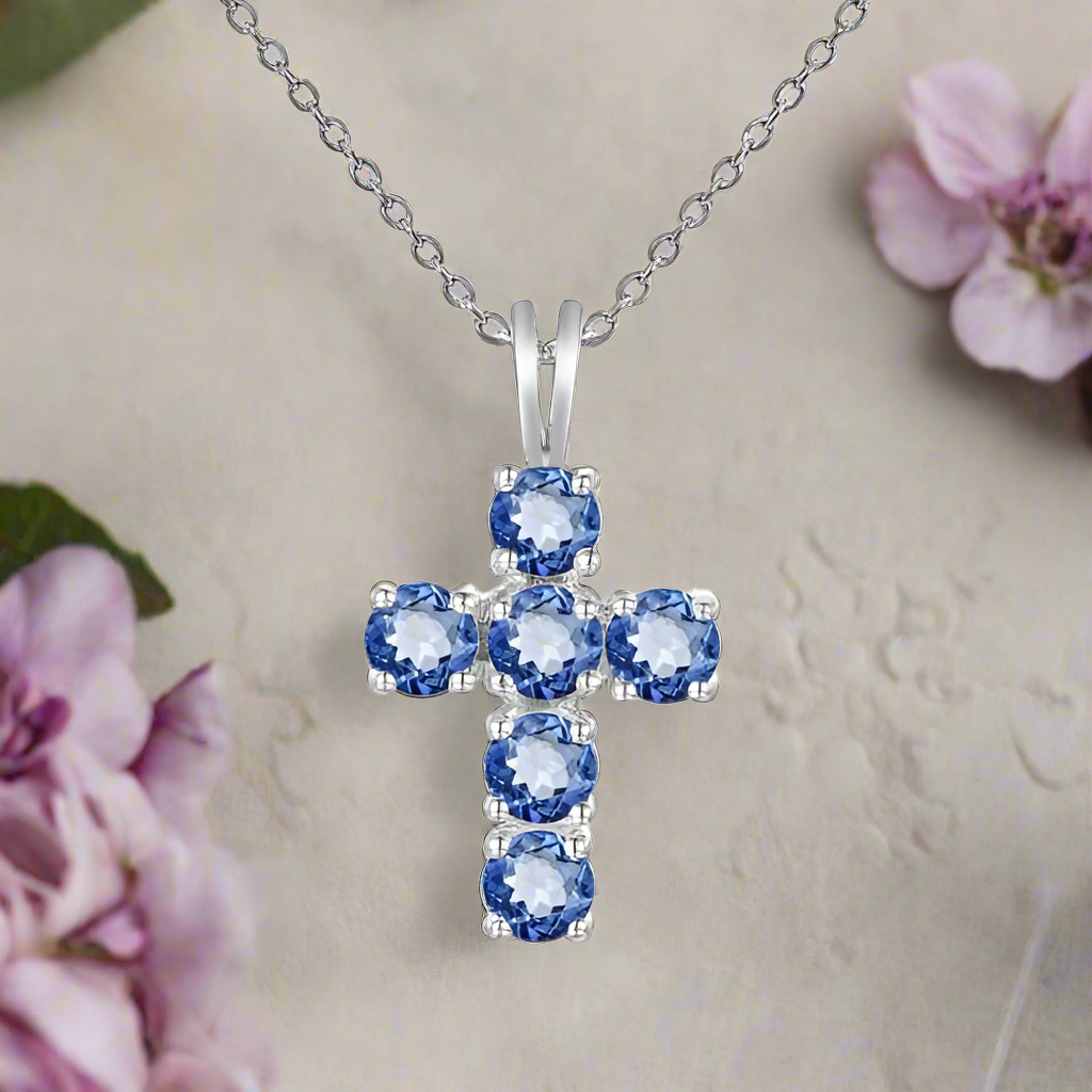 GRACE Round Gemstone Cross Pendant Necklace in Sterling Silver