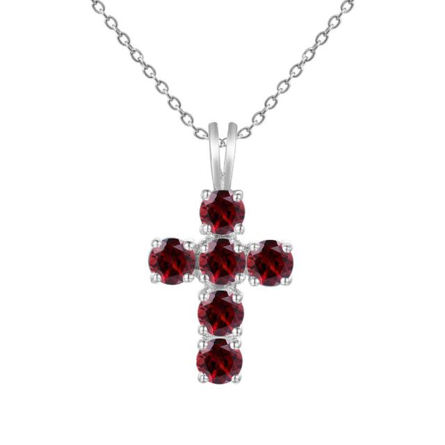 GRACE Round Gemstone Cross Pendant Necklace in Sterling Silver
