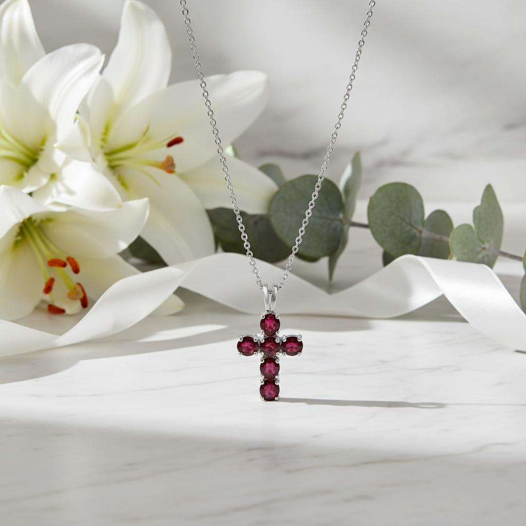 GRACE Round Gemstone Cross Pendant Necklace in Sterling Silver