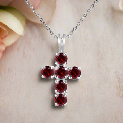 GRACE Round Gemstone Cross Pendant Necklace in Sterling Silver