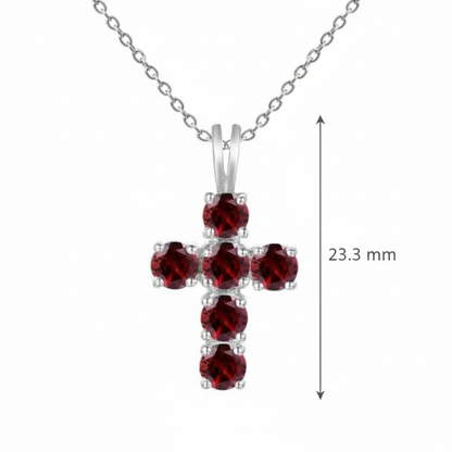 GRACE Round Red Garnet Cross Pendant Necklace in Sterling Silver