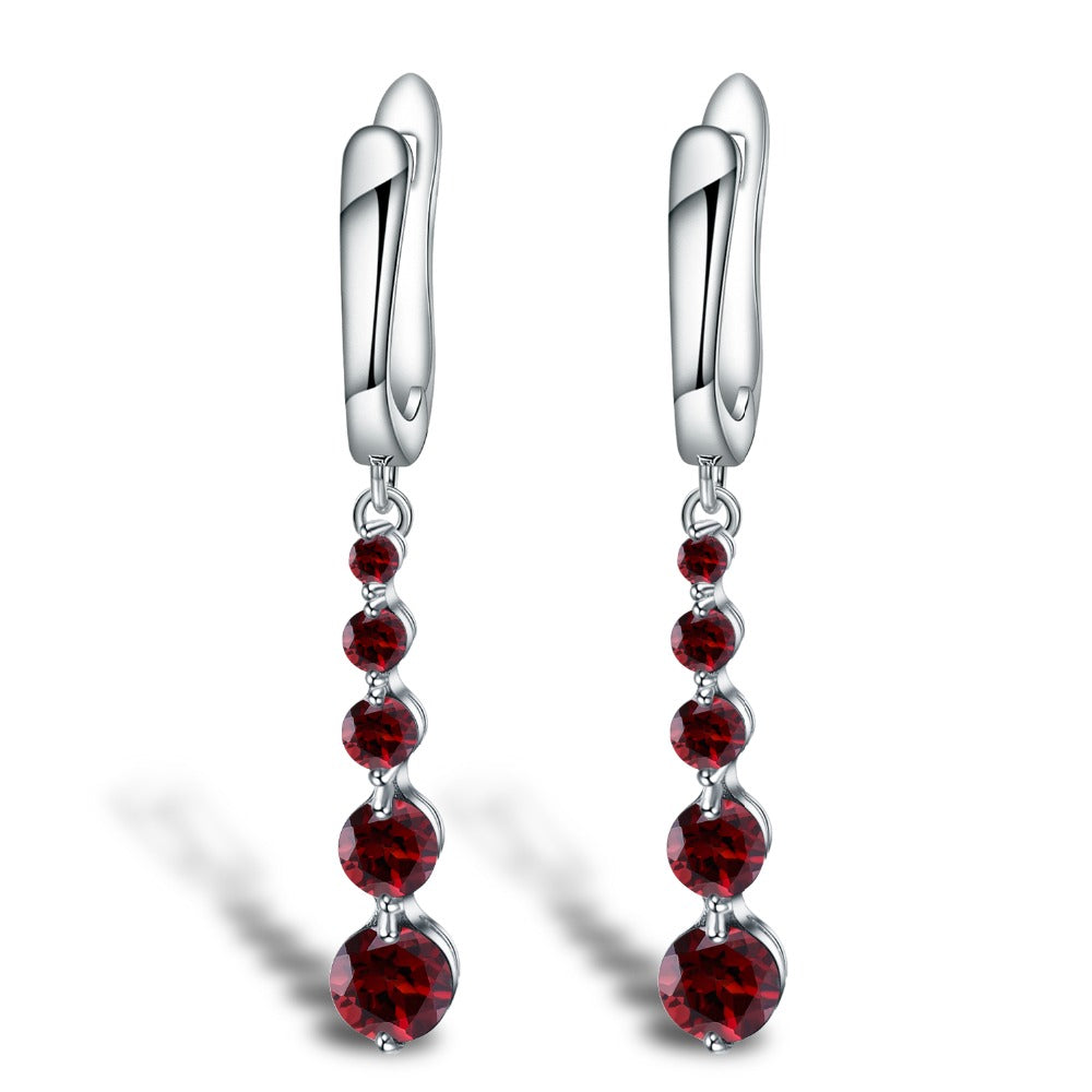 GRACE Round Red Garnet Drop Earrings in Sterling Silver