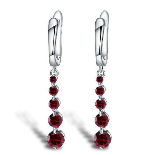 GRACE Round Red Garnet Drop Earrings in Sterling Silver