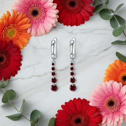 GRACE Round Red Garnet Drop Earrings in Sterling Silver