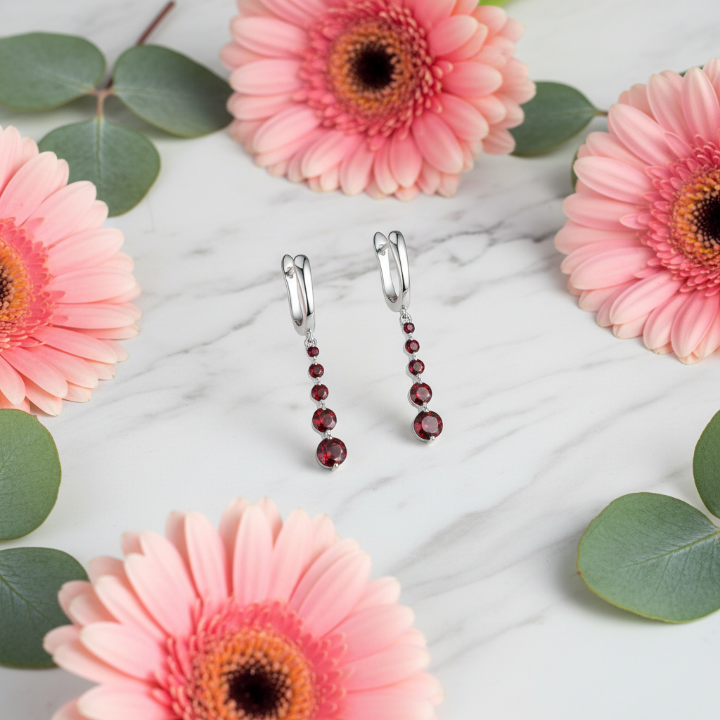 GRACE Round Red Garnet Drop Earrings in Sterling Silver