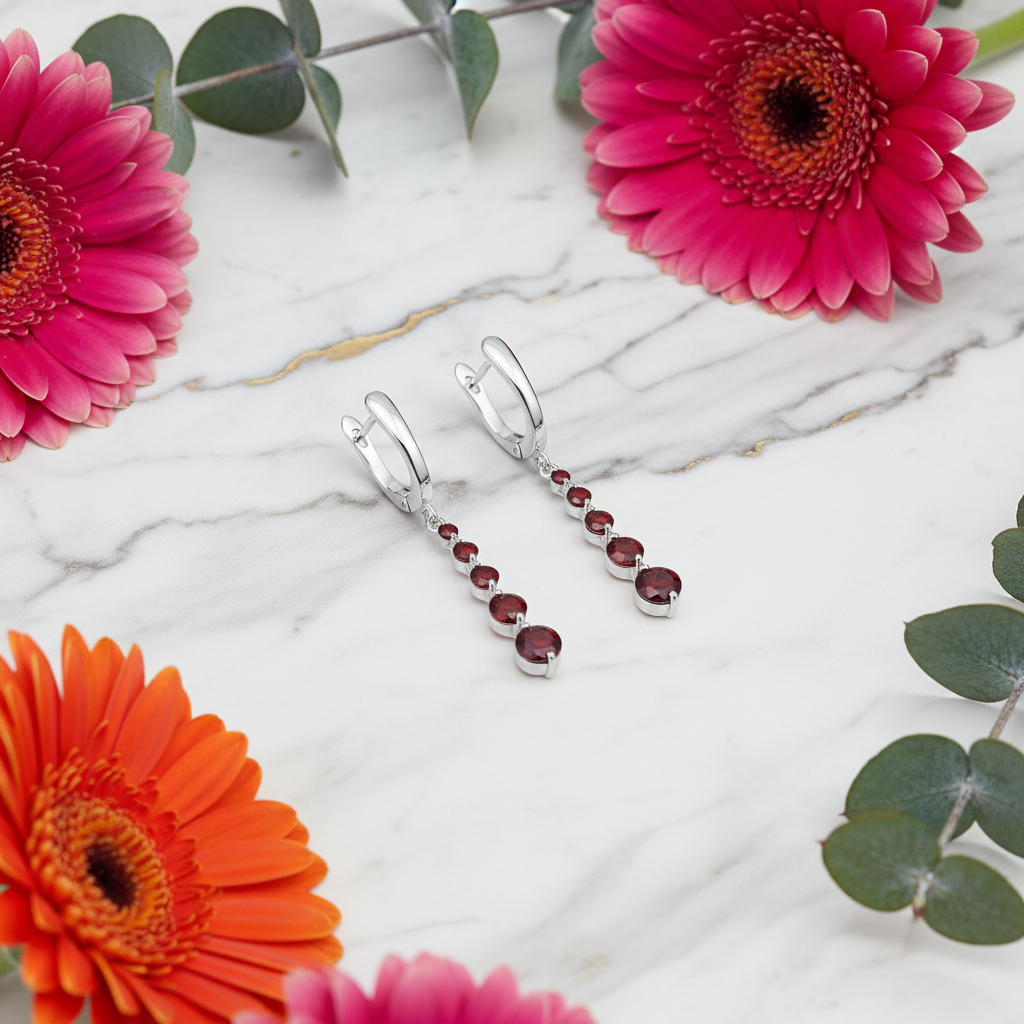 GRACE Round Red Garnet Drop Earrings in Sterling Silver