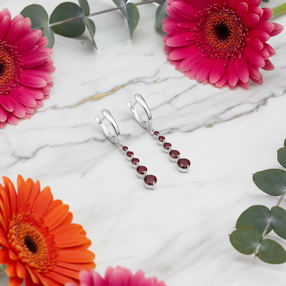 GRACE Round Red Garnet Drop Earrings in Sterling Silver
