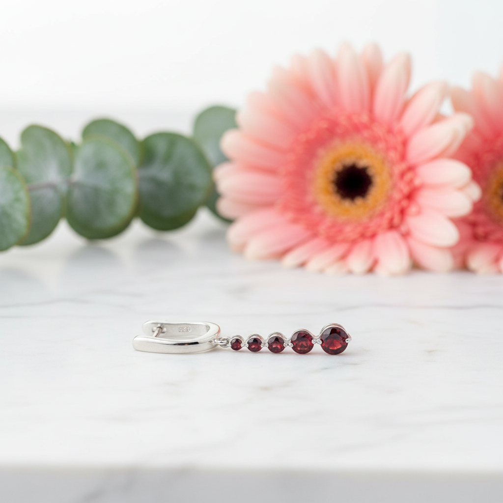 GRACE Round Red Garnet Drop Earrings in Sterling Silver