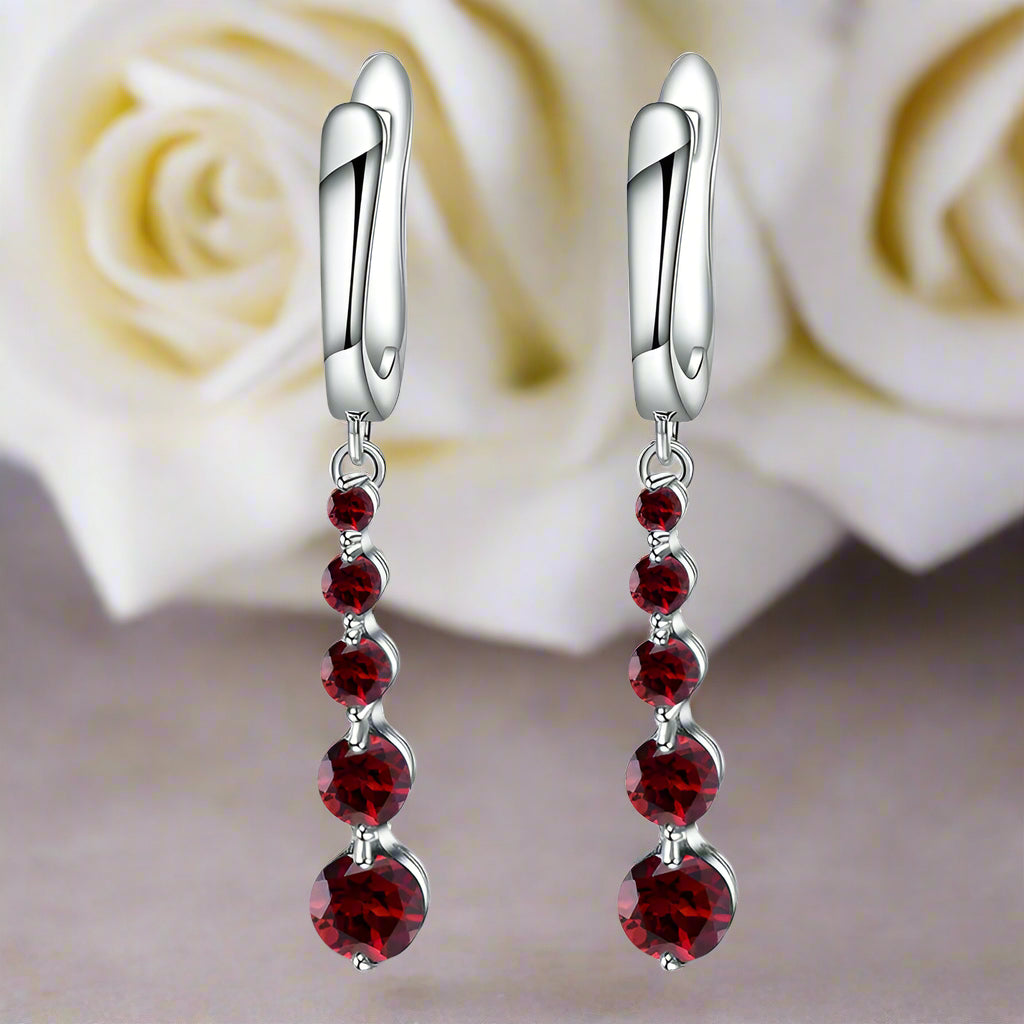 GRACE Round Red Garnet Drop Earrings in Sterling Silver
