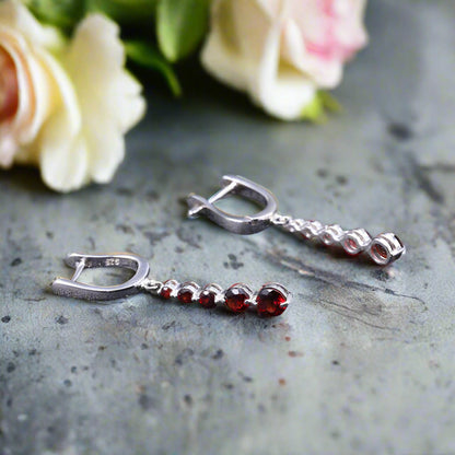 GRACE Round Red Garnet Drop Earrings in Sterling Silver
