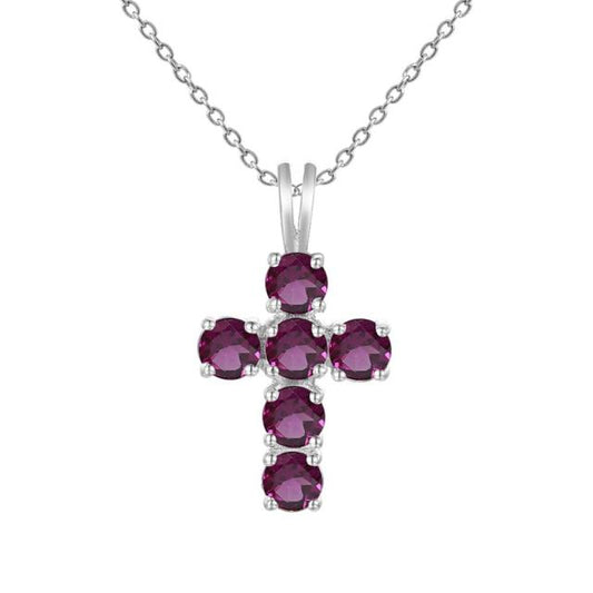 GRACE Round Rhodolite Garnet Cross Pendant Necklace in Sterling Silver
