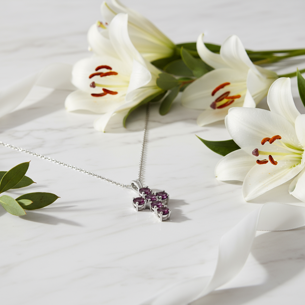 GRACE Round Gemstone Cross Pendant Necklace in Sterling Silver