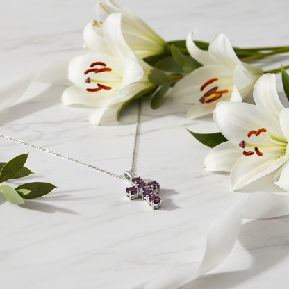 GRACE Round Gemstone Cross Pendant Necklace in Sterling Silver