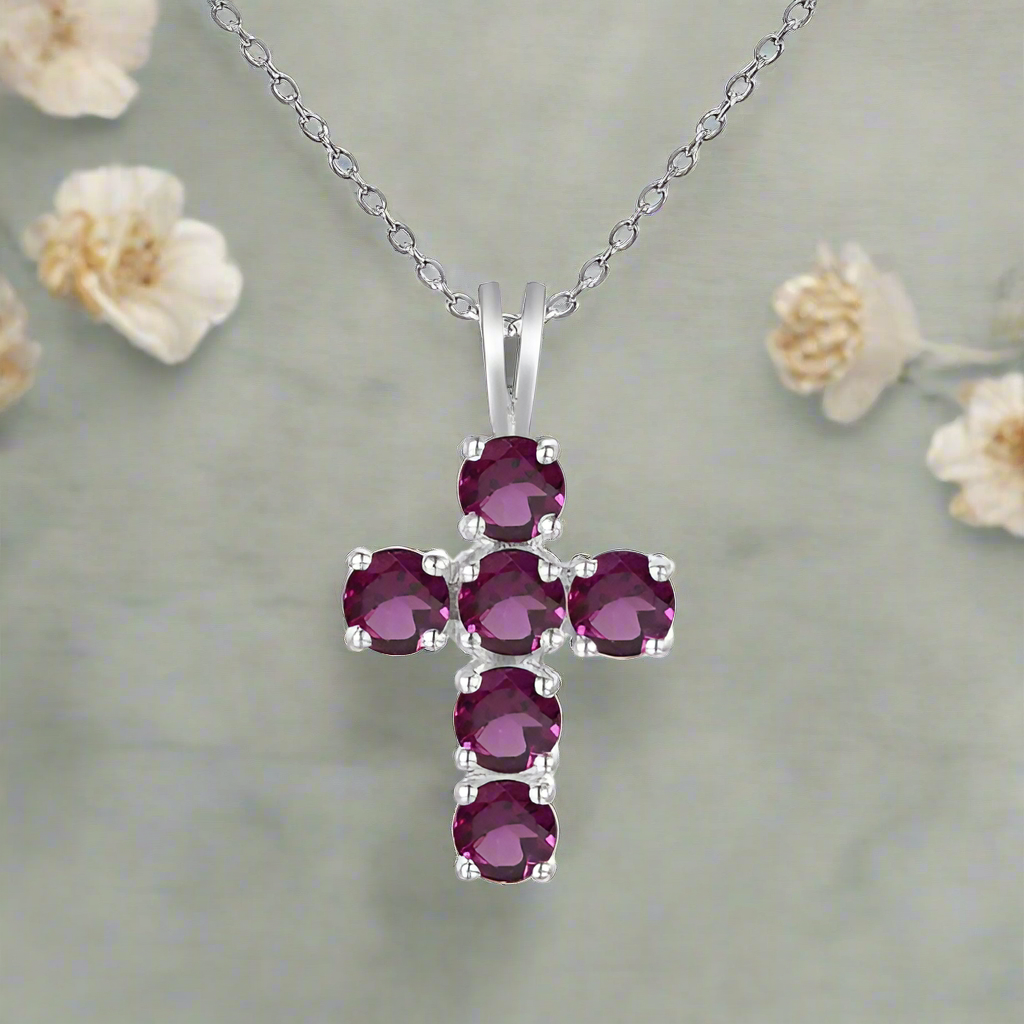 GRACE Round Gemstone Cross Pendant Necklace in Sterling Silver