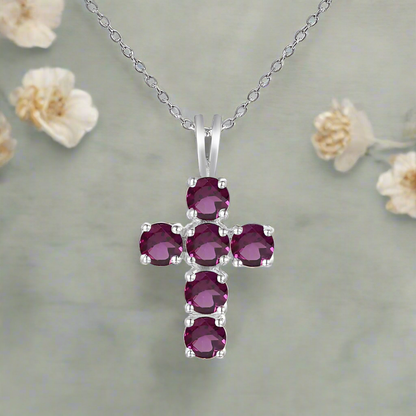 GRACE Round Gemstone Cross Pendant Necklace in Sterling Silver