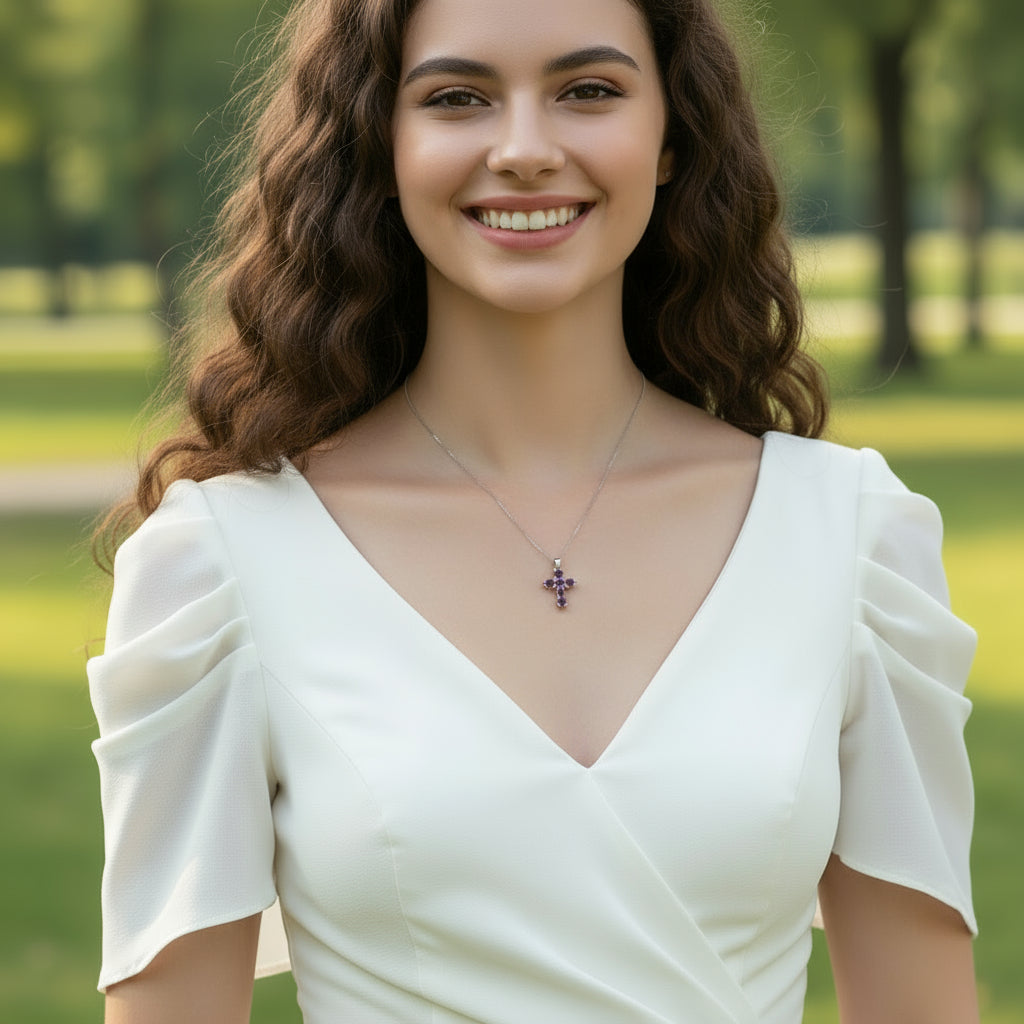 GRACE Round Gemstone Cross Pendant Necklace in Sterling Silver