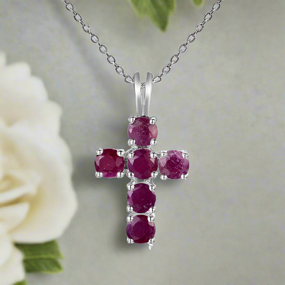 GRACE Round Gemstone Cross Pendant Necklace in Sterling Silver
