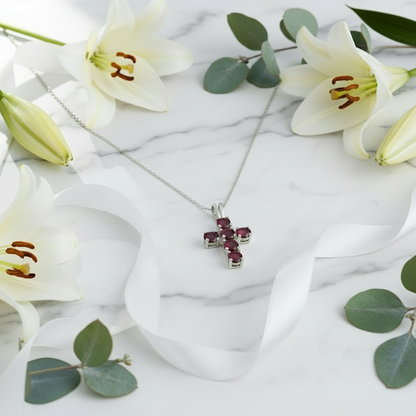 GRACE Round Gemstone Cross Pendant Necklace in Sterling Silver