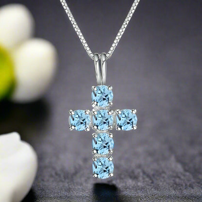 GRACE Round Gemstone Cross Pendant Necklace in Sterling Silver