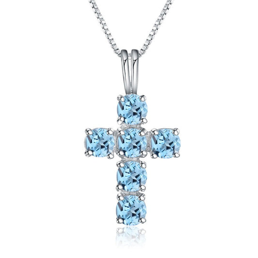GRACE Round Swiss Blue Topaz Cross Pendant Necklace in Sterling Silver