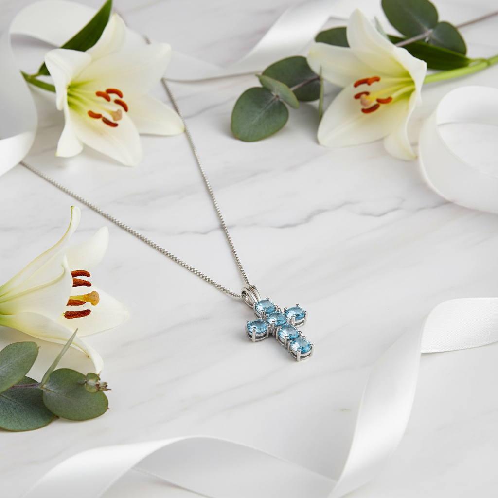 GRACE Round Gemstone Cross Pendant Necklace in Sterling Silver