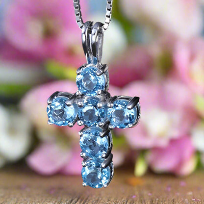 GRACE Round Gemstone Cross Pendant Necklace in Sterling Silver