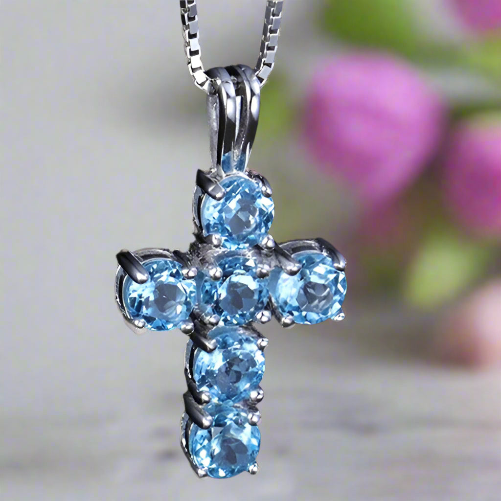 GRACE Round Gemstone Cross Pendant Necklace in Sterling Silver