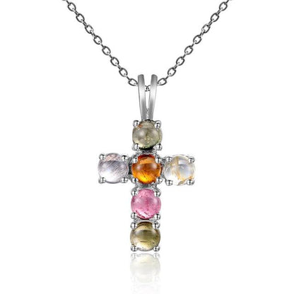GRACE Round Gemstone Cross Pendant Necklace in Sterling Silver