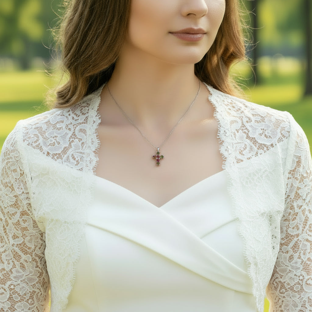 GRACE Round Gemstone Cross Pendant Necklace in Sterling Silver