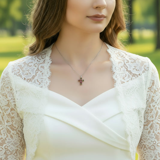 GRACE Round Tourmaline Cross Pendant Necklace in Sterling Silver