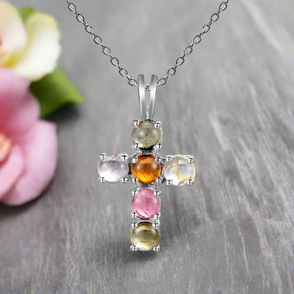 GRACE Round Gemstone Cross Pendant Necklace in Sterling Silver
