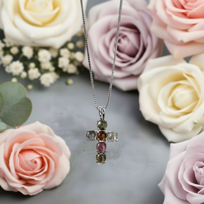 GRACE Round Tourmaline Cross Pendant Necklace in Sterling Silver