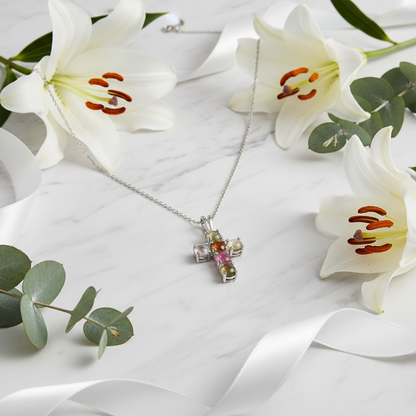 GRACE Round Gemstone Cross Pendant Necklace in Sterling Silver