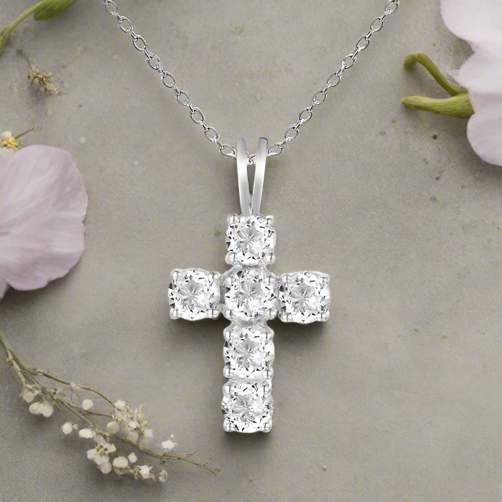 GRACE Round Gemstone Cross Pendant Necklace in Sterling Silver