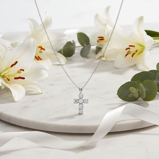 GRACE Round White Topaz Cross Pendant Necklace in Sterling Silver
