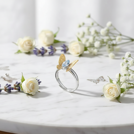 GRACE Sky Blue Topaz Gold Butterfly Adjustable Ring in Sterling Silver