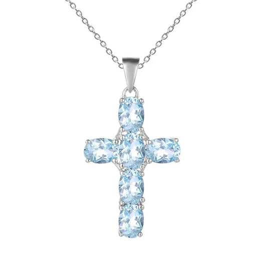 GRACE Oval Sky Blue Topaz Multi-Stone Cross Necklace in Sterling Silver