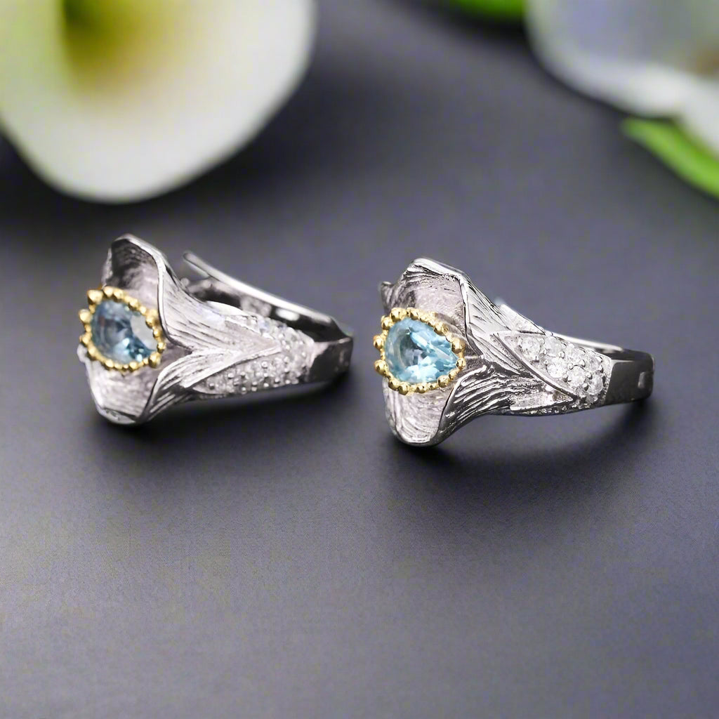GRACE Swiss Blue Topaz Calla Lily Handmade Earrings in Sterling Silver