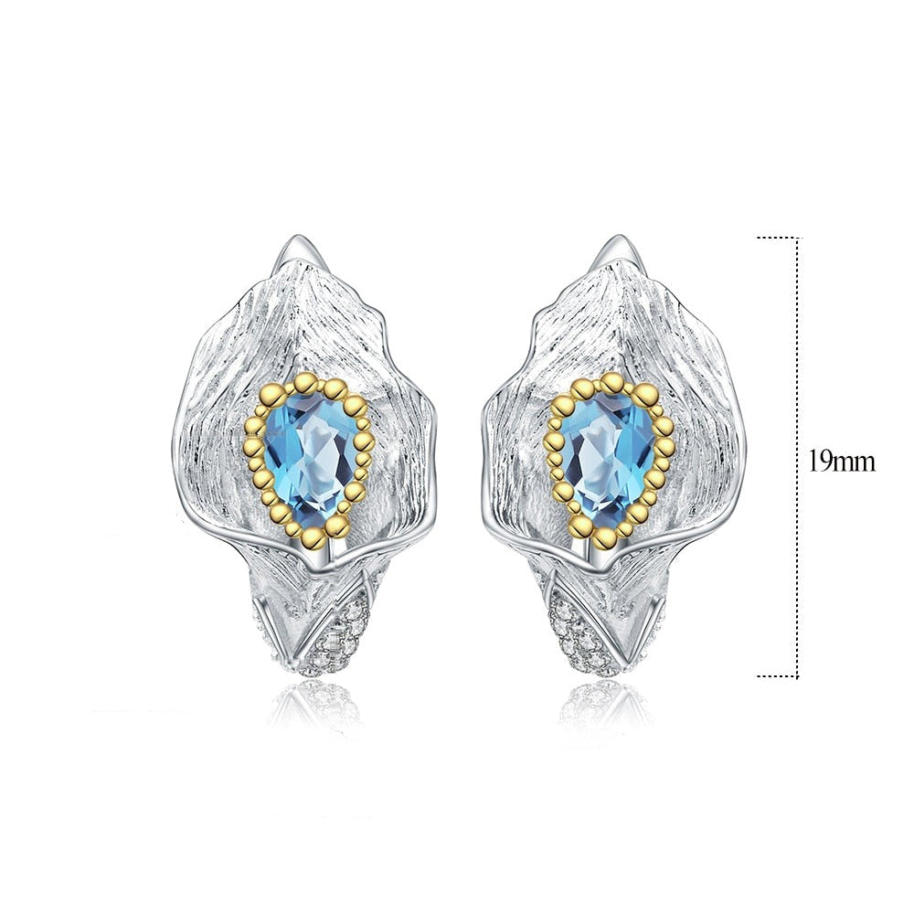 GRACE Swiss Blue Topaz Calla Lily Handmade Earrings in Sterling Silver